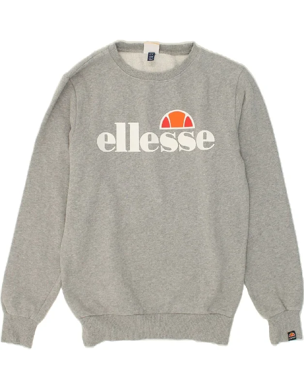 ELLESSE Womens Graphic Sweatshirt Jumper UK 8 Small Grey Cotton Hoodie with Button Placket Classic Preppy