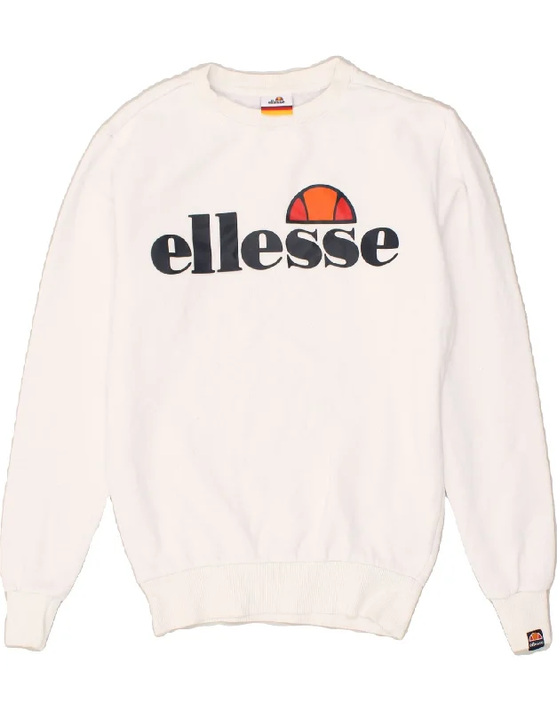 ELLESSE Womens Oversized Graphic Sweatshirt Jumper UK 6 XS  White Cotton Hoodie with Typography Text Message