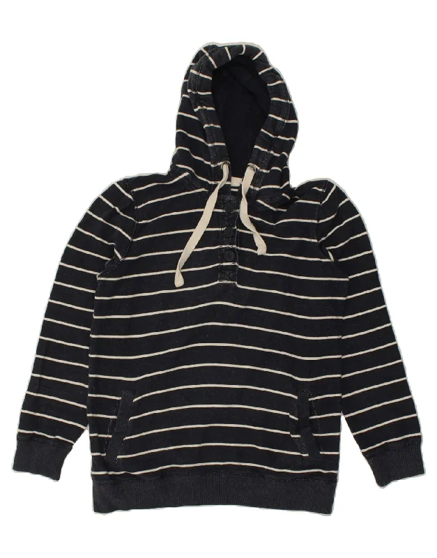 FAT FACE Womens Button Neck Hoodie Jumper UK 14 Large  Navy Blue Striped Hoodie with Toggle Buttons Decorative Unique