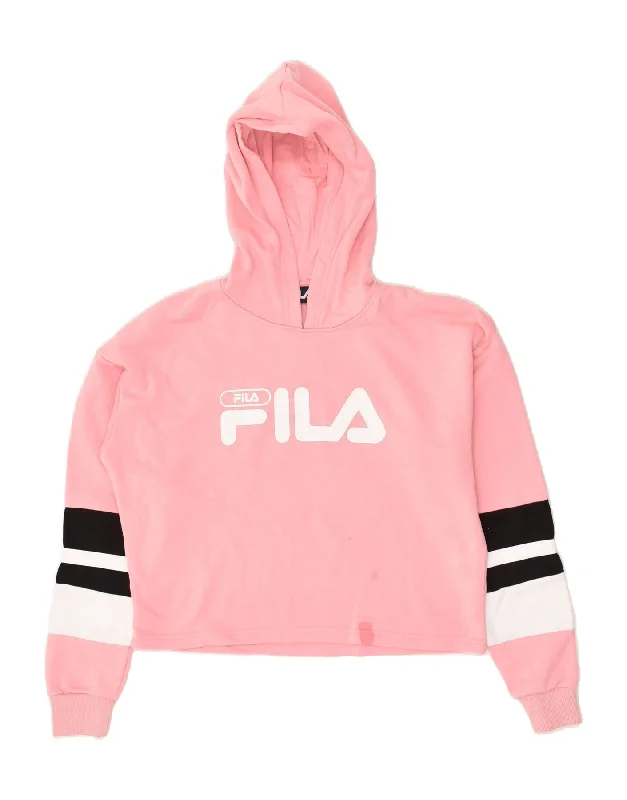 FILA Womens Crop Graphic Hoodie Jumper UK 10 Small Pink Cotton Hoodie with Hem Patch Decorative Personalized