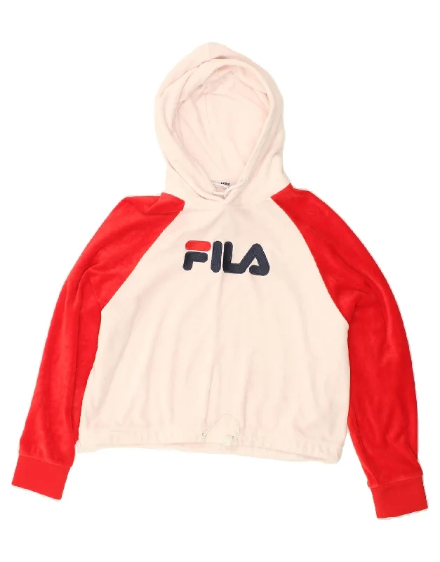 FILA Womens Crop Graphic Hoodie Jumper UK 10 Small Red Colourblock Cotton Hoodie with Side Slits Relaxed Casual