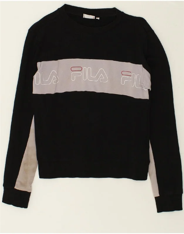 FILA Womens Graphic Sweatshirt Jumper UK 6 XS Black Colourblock Cotton Hoodie with Cuffed Sleeves Snug Secure