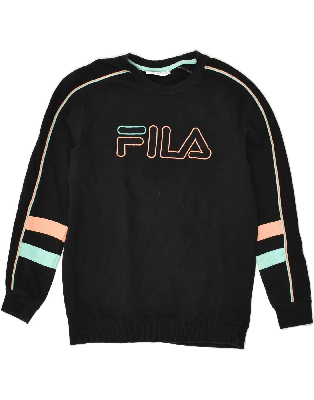 FILA Womens Graphic Sweatshirt Jumper UK 6 XS Black Cotton Hoodie with Rhinestones Sparkly Elegant