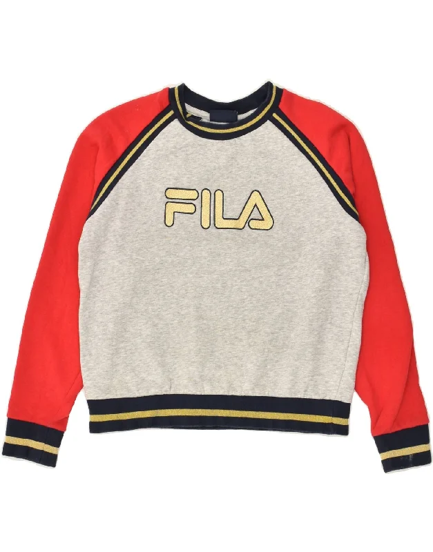 FILA Womens Graphic Sweatshirt Jumper UK 6 XS Grey Colourblock Cotton Hoodie with Batwing Sleeves Loose Dramatic