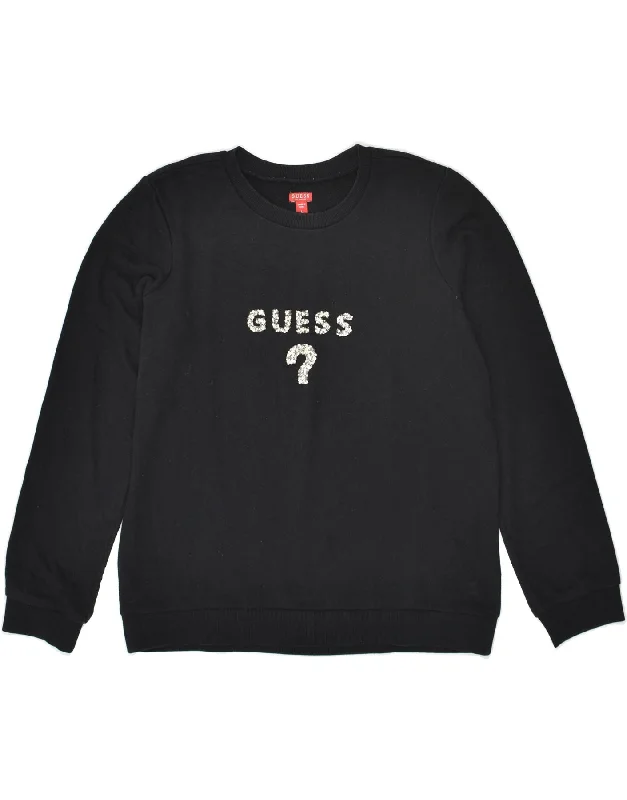 GUESS Womens Graphic Sweatshirt Jumper UK 16 Large Black Cotton Hoodie with Hem Drawcord Adjustable Customizable