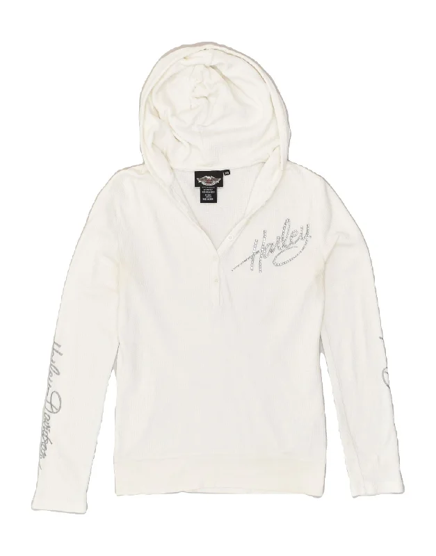 HARLEY DAVIDSON Womens Graphic Hoodie Jumper  UK 6 XS White Cotton Hoodie with Back Slit Movement Comfort