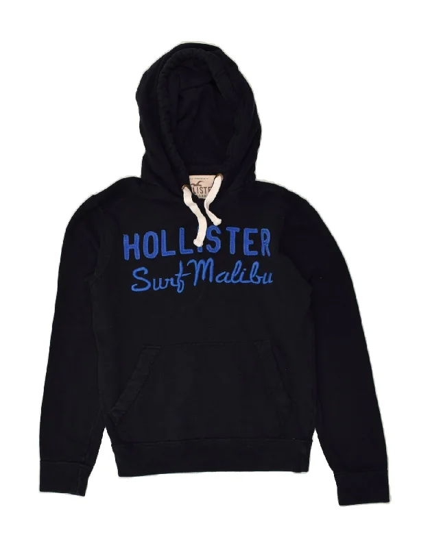 HOLLISTER Womens Graphic Hoodie Jumper UK 14 Medium Navy Blue Cotton Hoodie with Hem Contrast Bold Stylish