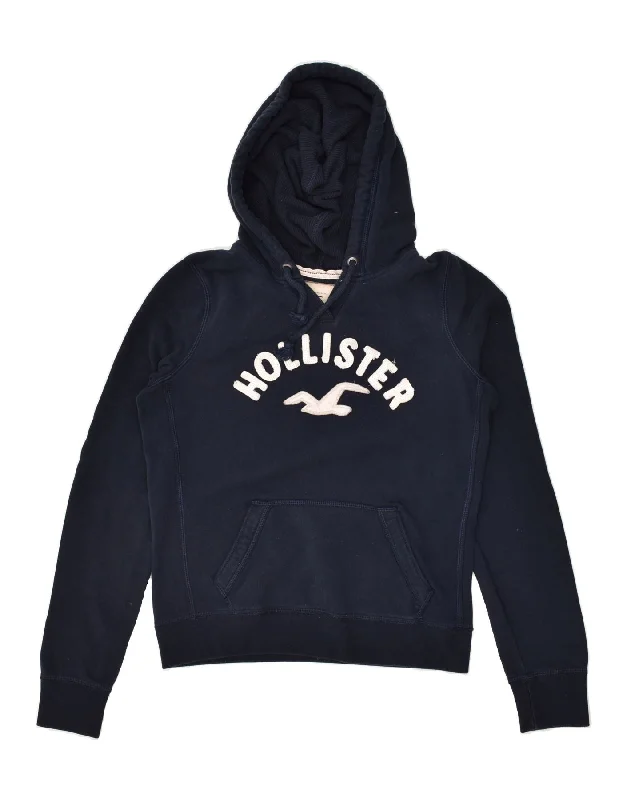 HOLLISTER Womens Graphic Hoodie Jumper UK 16 Large Navy Blue Cotton Hoodie with Hem Contrast Bold Stylish