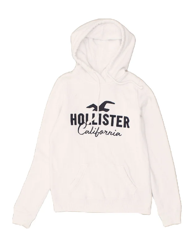 HOLLISTER Womens Loose Fit Graphic Hoodie Jumper UK 6 XS White Cotton Hoodie with Velcro Closure Adjustable Secure