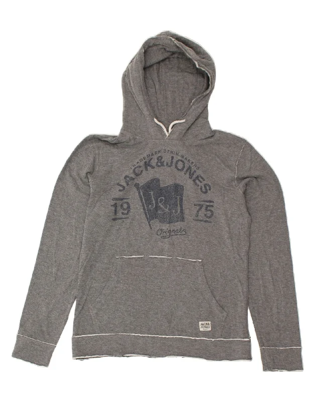 JACK & JONES Womens Graphic Hoodie Jumper UK 14 Medium Grey Cotton Hoodie with Raw Hem Edgy Unfinished