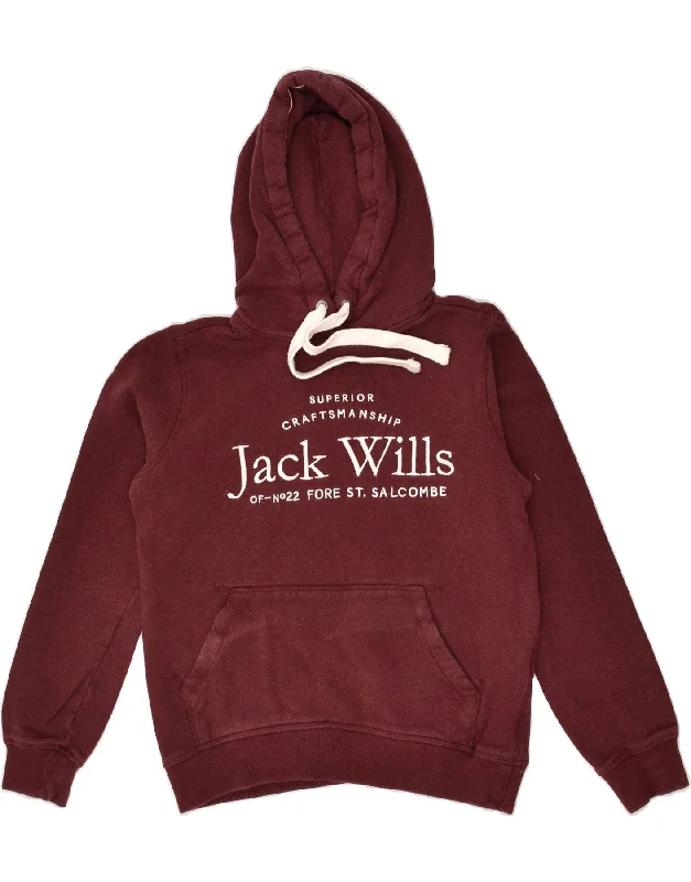 JACK WILLS Womens Graphic Hoodie Jumper UK 6 XS  Burgundy Cotton Hoodie with Tied Waist Feminine Flattering