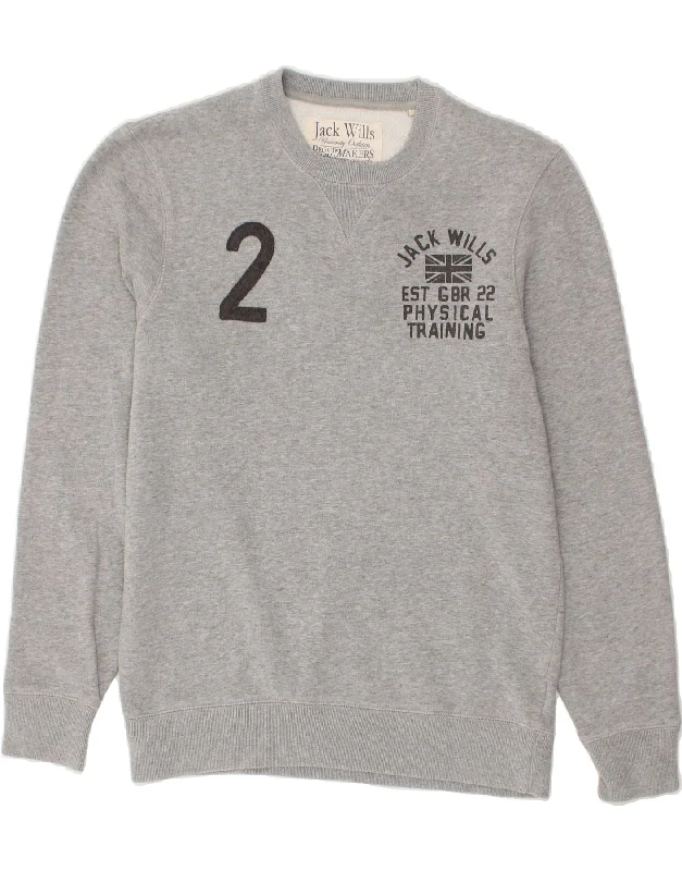 JACK WILLS Womens Graphic Sweatshirt Jumper UK 14 Large Grey Cotton Hoodie with Zipper Placket Modern Functional