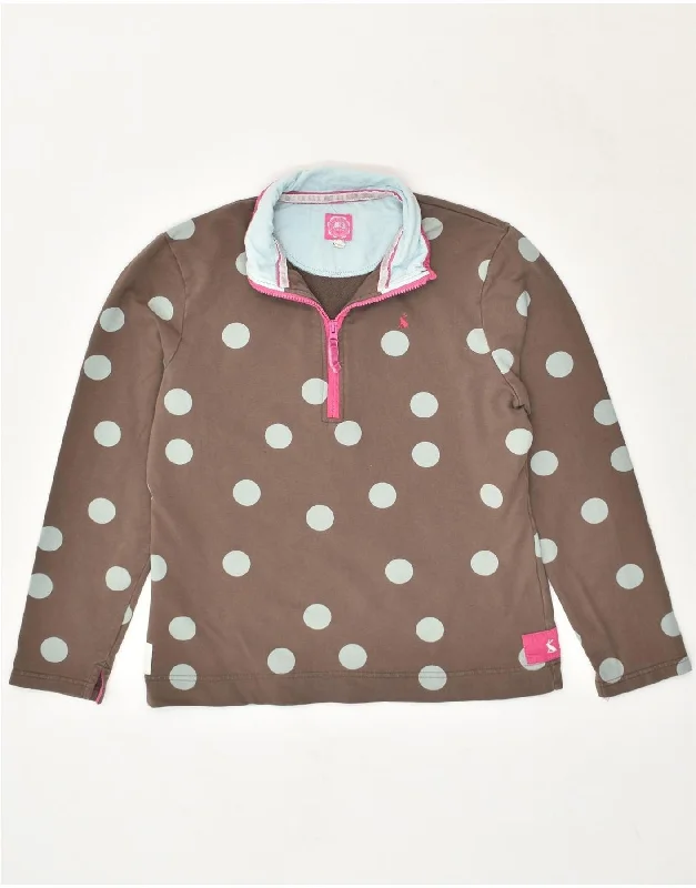 JOULES Womens Zip Neck Sweatshirt Jumper UK 12 Medium Brown Polka Dot Hoodie with Oversized Fit Loose Comfortable