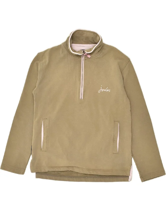 JOULES Womens Zip Neck Sweatshirt Jumper UK 6 XS Khaki Cotton Hoodie with Side Slits Relaxed Casual