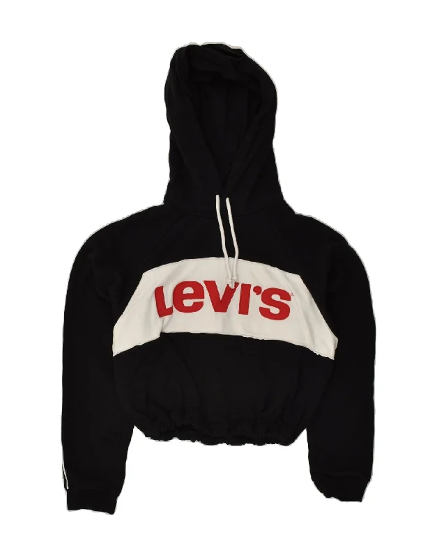 LEVI'S Womens Crop Graphic Hoodie Jumper UK 10 Small Black Cotton Hoodie with Ribbed Cuffs Snug Fit Comfort