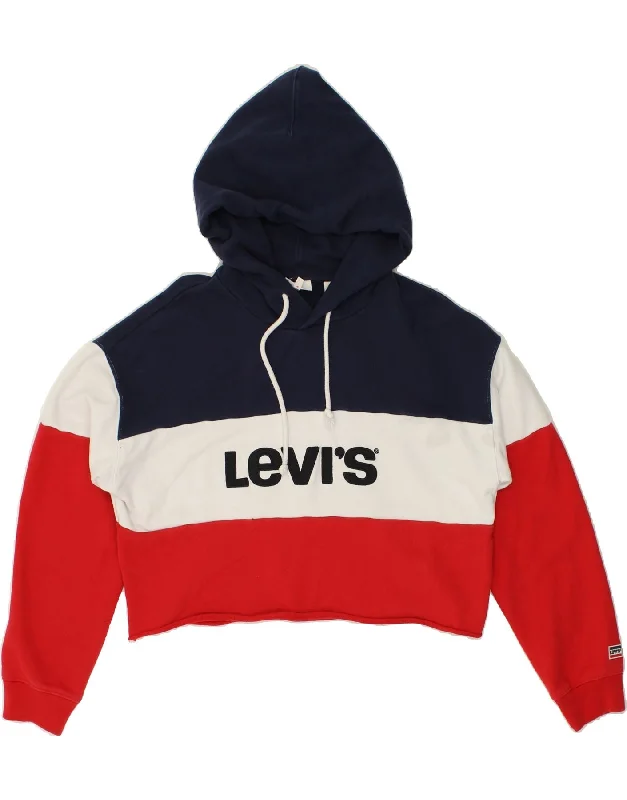 LEVI'S Womens Crop Graphic Hoodie Jumper UK 14 Medium Red Colourblock Hoodie with Sequins Glamorous Eye-catching