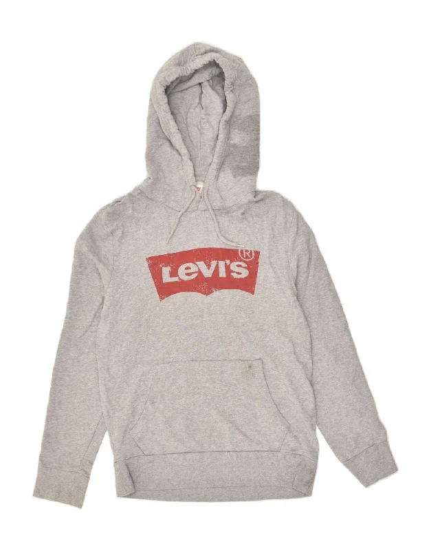 LEVI'S Womens Graphic Hoodie Jumper UK 10 Small Grey Cotton Hoodie with Pastel Soft Subtle