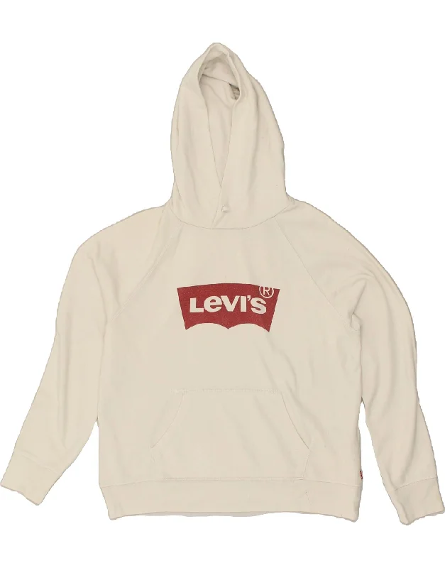 LEVI'S Womens Graphic Hoodie Jumper UK 14 Medium Off White Cotton Hoodie with Lace Feminine Delicate