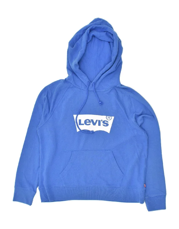 LEVI'S Womens Graphic Hoodie Jumper UK 16 Large Blue Hoodie with Raw Hem Edgy Unfinished
