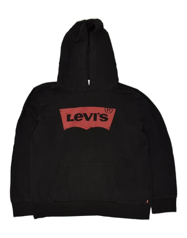 LEVI'S Womens Graphic Hoodie Jumper UK 20 2XL Black Cotton Hoodie with Double Zipper Versatile Adjustable