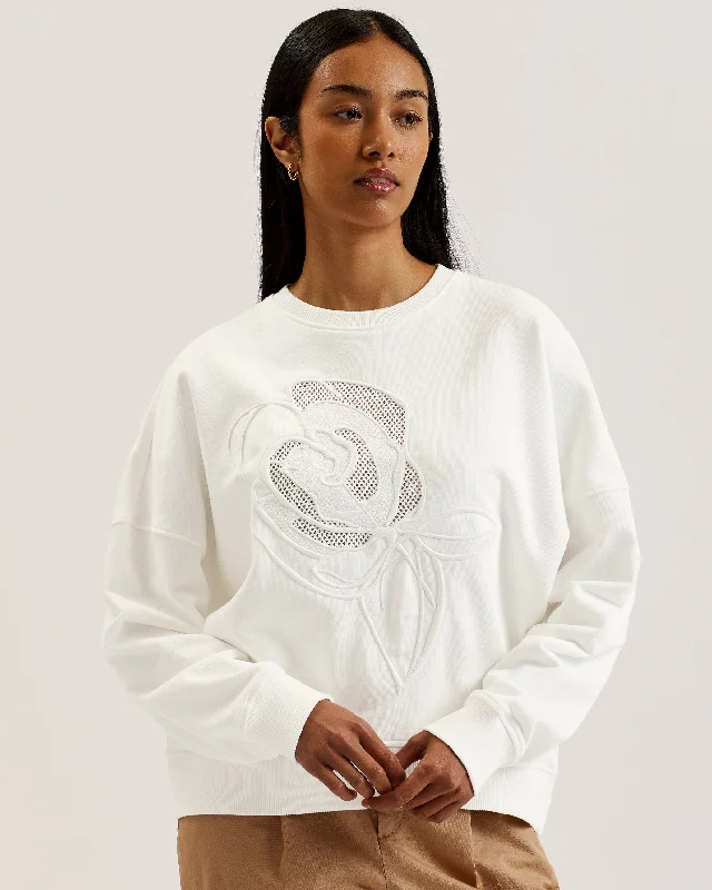 Lotiss Embroidered Burnout Graphic Sweatshirt Ivory Hoodie with Ribbed Hem Stretchable Secure Lotiss Embroidered Burnout Graphic Sweatshirt Ivory Hoodie with Ribbed Hem Stretchable Secure