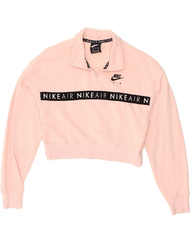 NIKE Womens Crop Zip Neck Sweatshirt Jumper UK 10 Small Pink Cotton Hoodie with Batwing Sleeves Loose Dramatic