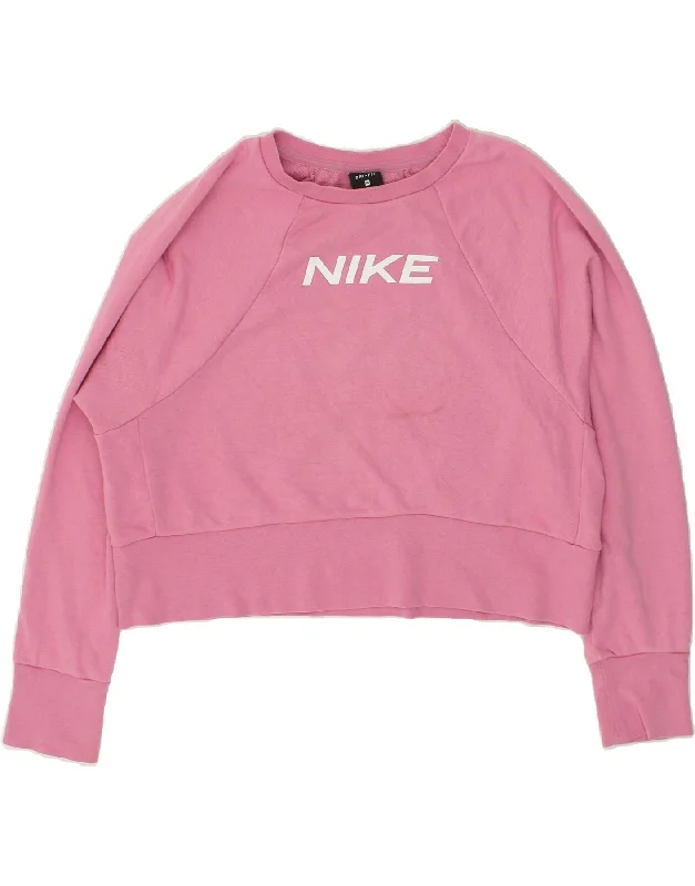 NIKE Womens Dri Fit Crop Graphic Sweatshirt Jumper UK 14 Medium Pink Hoodie with Earth Tones Natural Calm