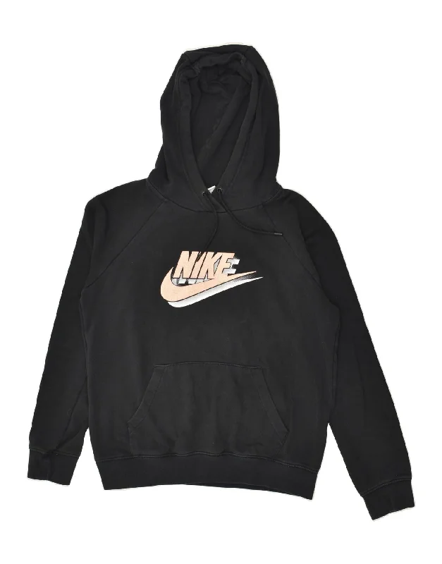 NIKE Womens Graphic Hoodie Jumper UK 10 Small Black Cotton Hoodie with Elastic Waist Stretchable Comfortable