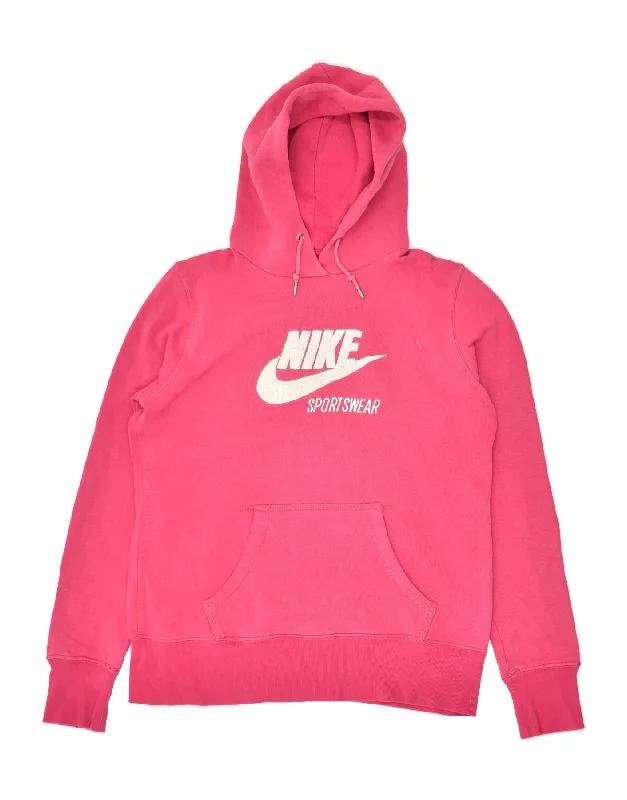 NIKE Womens Graphic Hoodie Jumper UK 14 Large Pink Cotton Hoodie with Drop Shoulder Relaxed Streetwear