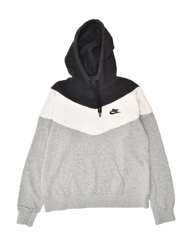 NIKE Womens Oversized Hoodie Jumper UK 10 Small Grey Colourblock Cotton Hoodie with Hem Contrast Bold Stylish