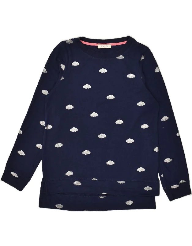 OASIS Womens Graphic Sweatshirt Jumper UK 10 Small Navy Blue Cotton Hoodie with Hem Fringe Bohemian Relaxed OASIS Womens Graphic Sweatshirt Jumper UK 10 Small Navy Blue Cotton Hoodie with Hem Fringe Bohemian Relaxed