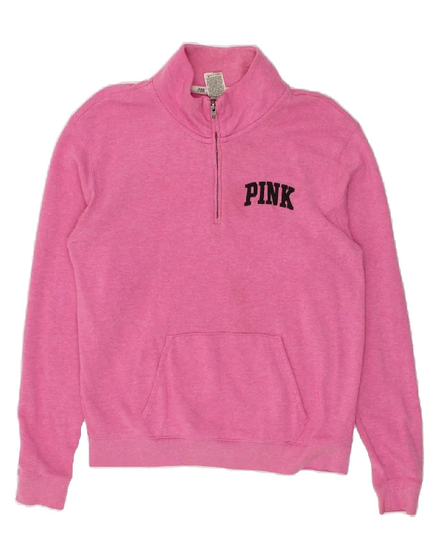 PINK Womens Loose Fit Zip Neck Sweatshirt Jumper UK 10 Small Pink Cotton Hoodie with Raglan Sleeves Sporty Comfortable