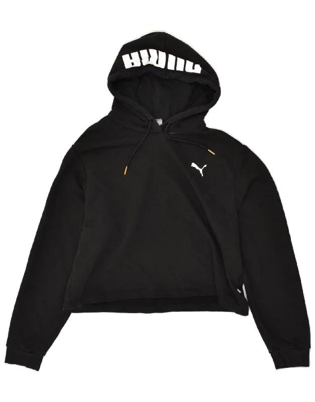 PUMA Womens Crop Graphic Hoodie Jumper UK 16 Large Black Cotton Hoodie with Strings Custom Fit Adjustable