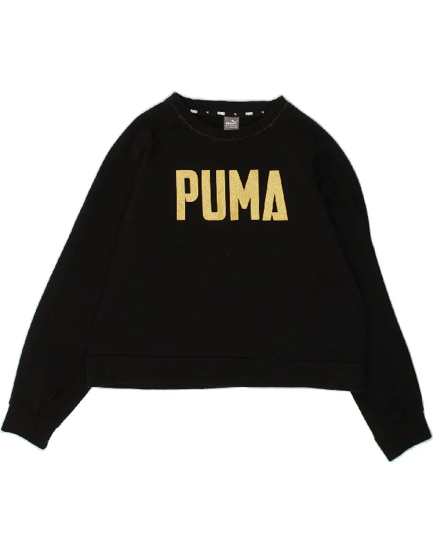 PUMA Womens Crop Graphic Sweatshirt Jumper UK 14  Large Black Hoodie with Distressed Vintage Worn