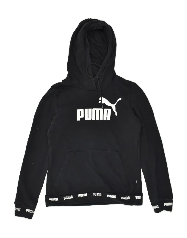 PUMA Womens Graphic Hoodie Jumper UK 10 Small Black Cotton Hoodie Crop Top Short Trendy