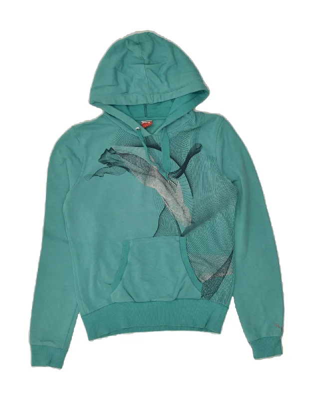 PUMA Womens Graphic Hoodie Jumper UK 10 Small Turquoise Cotton Hoodie with Cuffed Sleeves Snug Secure