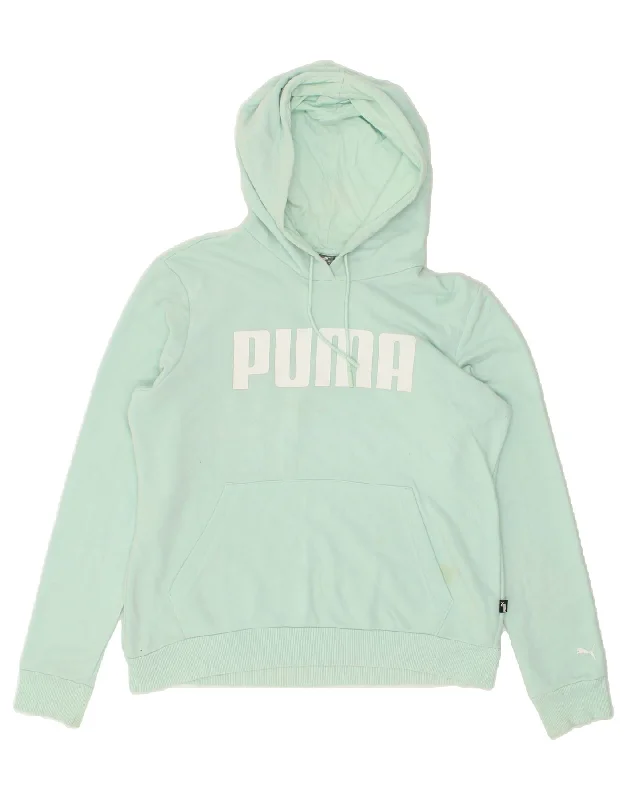 PUMA Womens Graphic Hoodie Jumper UK 14 Large Green Cotton Hoodie with Drawstring Waist Adjustable Fitted