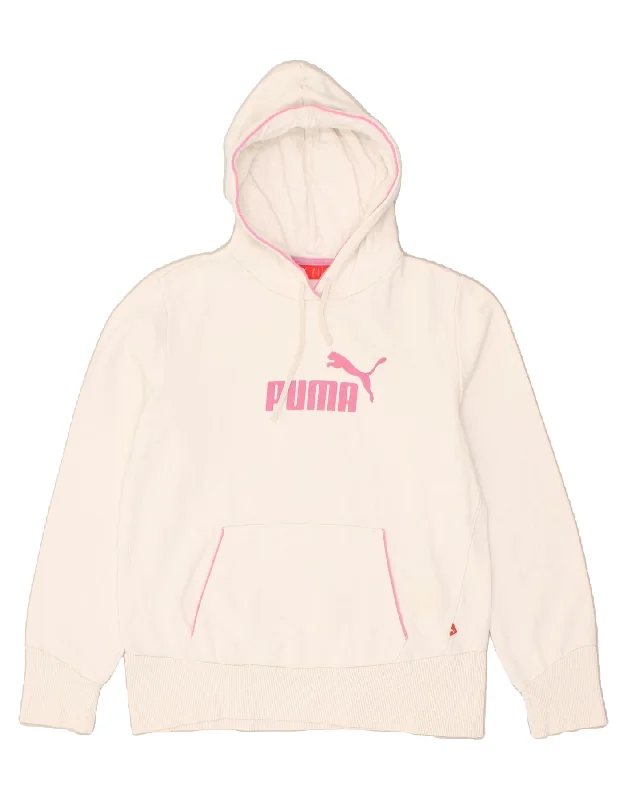 PUMA Womens Graphic Hoodie Jumper UK 14 Large White Cotton Hoodie with Puffed Sleeves Voluminous Trendy