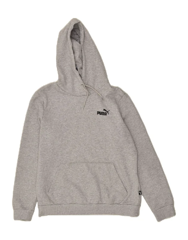 PUMA Womens Hoodie Jumper UK 14 Medium Grey Cotton Hoodie with Hem Applique Textured Unique