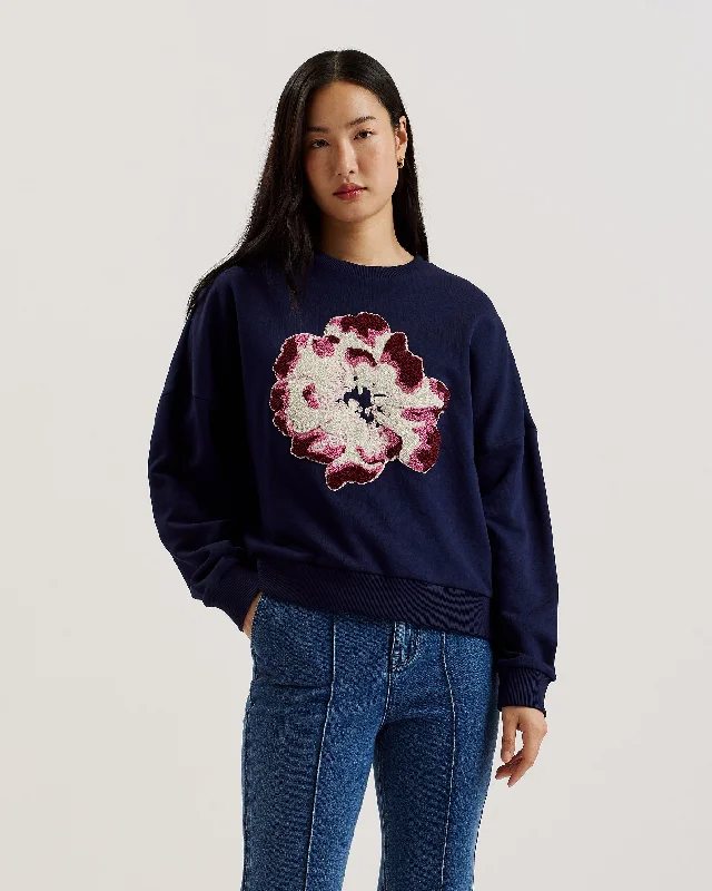 Raynahh Graphic Floral Sweatshirt Navy Hoodie with Embroidery Detailed Premium