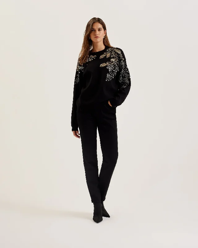 Rosmrry Embellished Crew Neck Long Sleeve Sweatshirt Black Hoodie with Toggle Buttons Decorative Unique Rosmrry Embellished Crew Neck Long Sleeve Sweatshirt Black Hoodie with Toggle Buttons Decorative Unique