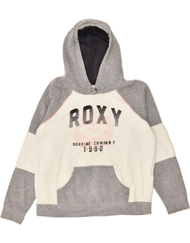 ROXY Womens Graphic Hoodie Jumper UK 16 Large Grey Cotton Hoodie with Hem Embroidery Detailed Premium ROXY Womens Graphic Hoodie Jumper UK 16 Large Grey Cotton Hoodie with Hem Embroidery Detailed Premium