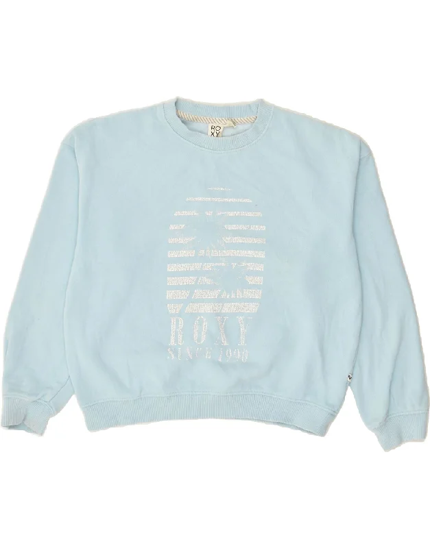 ROXY Womens Graphic Sweatshirt Jumper UK 14 Large Blue Cotton Hoodie with Hem Raw Edge Edgy Unfinished ROXY Womens Graphic Sweatshirt Jumper UK 14 Large Blue Cotton Hoodie with Hem Raw Edge Edgy Unfinished