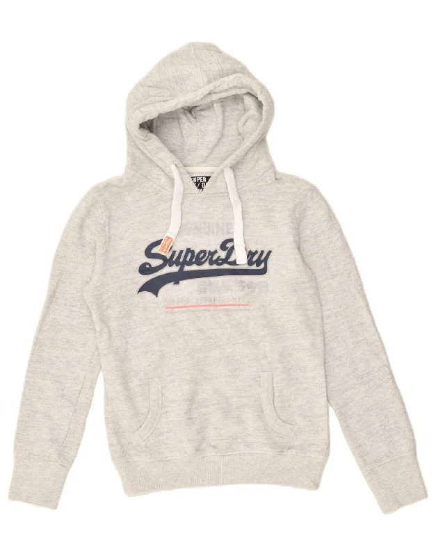 SUPERDRY Womens Graphic Hoodie Jumper UK 10 Small Grey Cotton Hoodie with Ribbed Neckline Snug Warm