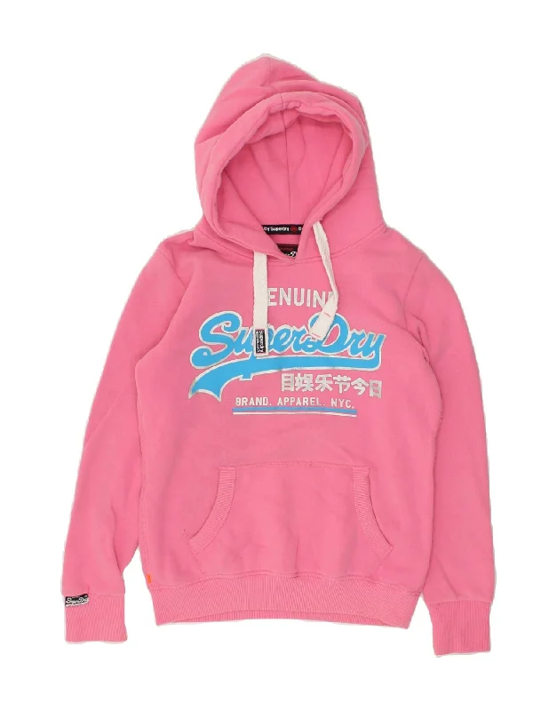 SUPERDRY Womens Graphic Hoodie Jumper UK 10 Small Pink Cotton Hoodie with Mock Neck Collared Structured