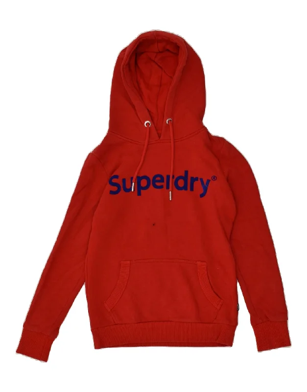 SUPERDRY Womens Graphic Hoodie Jumper UK 10 Small  Red Cotton Hoodie with Back Slit Movement Comfort