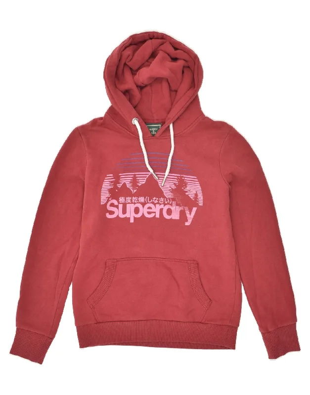 SUPERDRY Womens Graphic Hoodie Jumper UK 10 Small  Red Cotton Hoodie with Crew Neck Simple Timeless