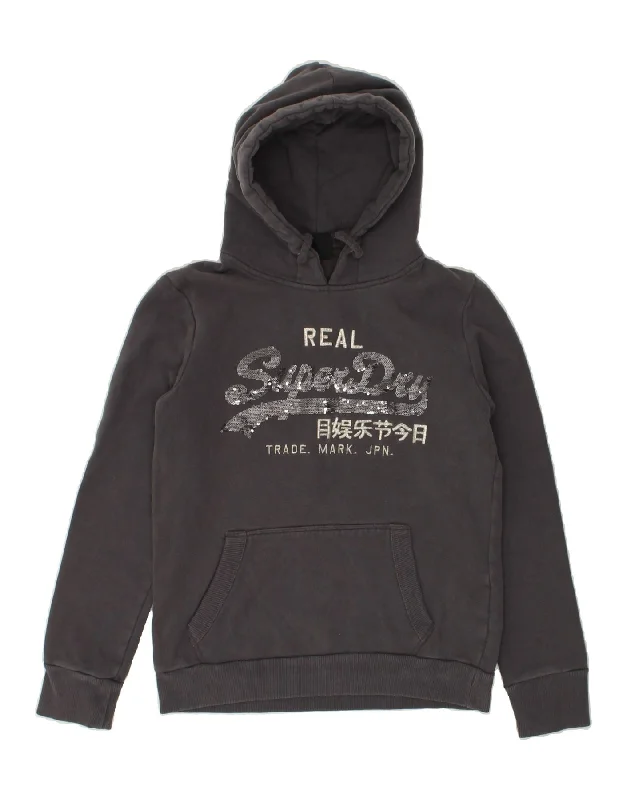 SUPERDRY Womens Graphic Hoodie Jumper UK 12 Medium Grey Cotton Hoodie with Zipper Placket Modern Functional