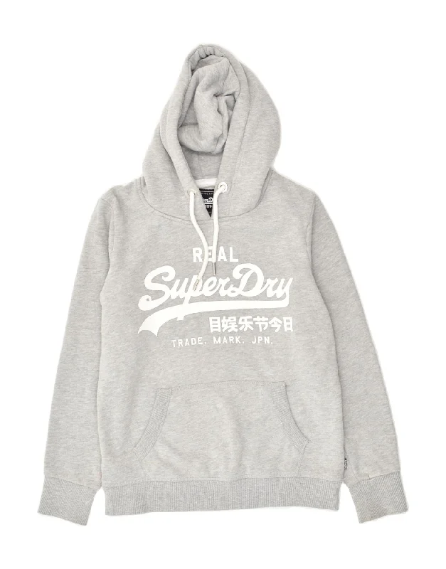 SUPERDRY Womens Graphic Hoodie Jumper UK 12 Medium  Grey Cotton Hoodie with Double Zipper Versatile Adjustable