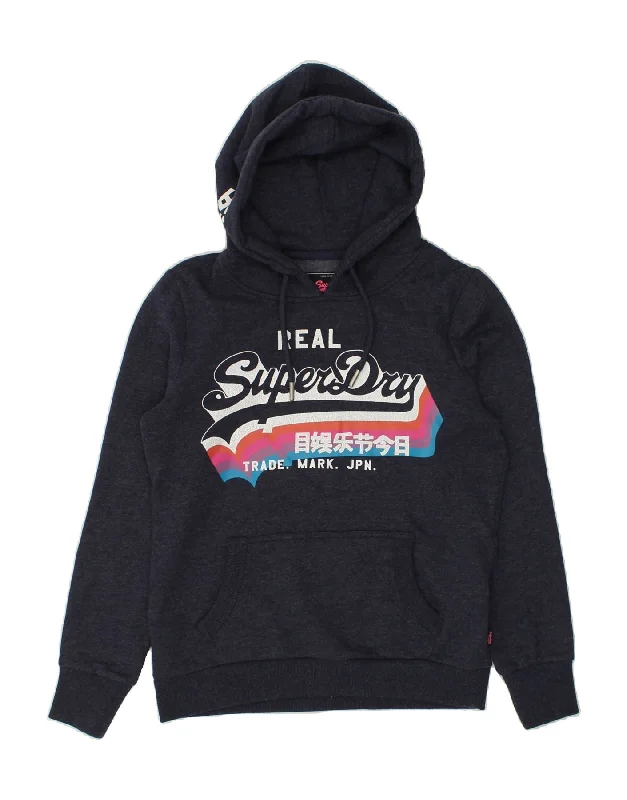 SUPERDRY Womens Graphic Hoodie Jumper UK 12 Medium Navy Blue Cotton Graphic Hoodie Design Print